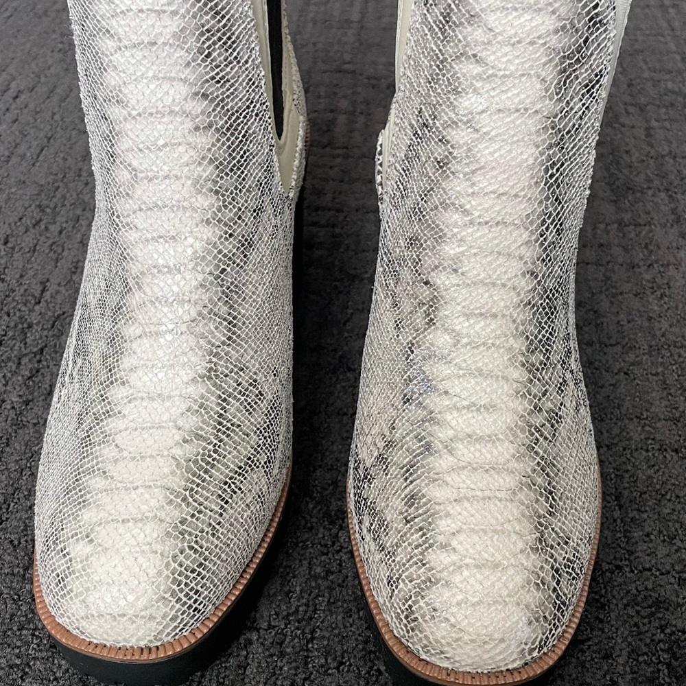 Good Day Chelsea Boot by Chinese laundry, gray and cream, snakeskin, size 7 1/2